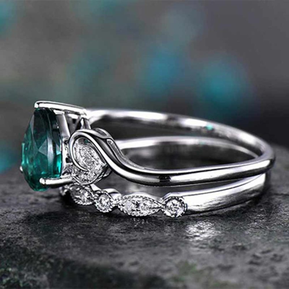 Elegant Dainty Lake Green Anillos 925 Silver Couple Ring Set, VIP211 - Picture 4 of 6